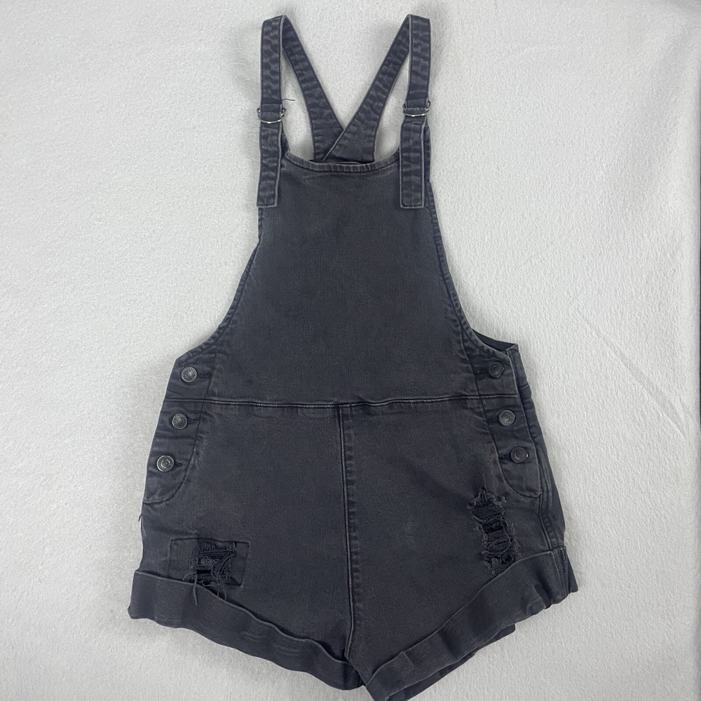 Rusty Kids Black Denim Romper Overalls Distressed Button‎ Adjustable Straps